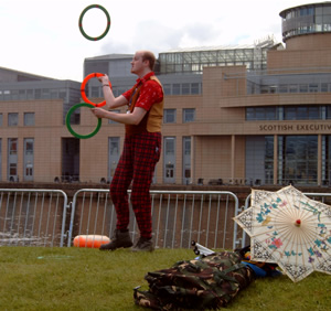 Ring Juggling walkabout entertainment at International Festival of the Seas in 2003 (Scottish Executive building is in the background)